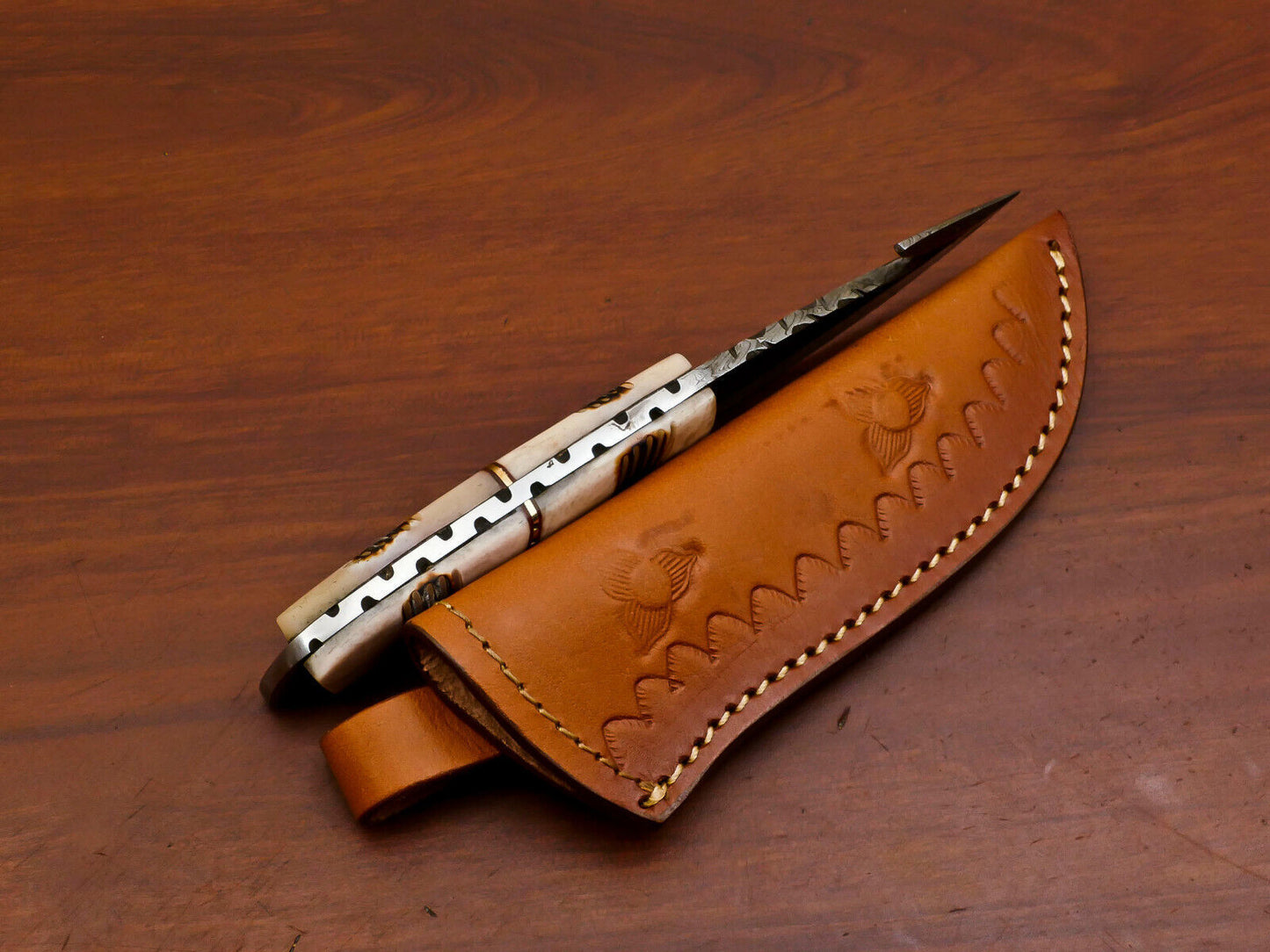 7 Inch Damascus Gut Hook Knife with Burn Camel Bone Handle
