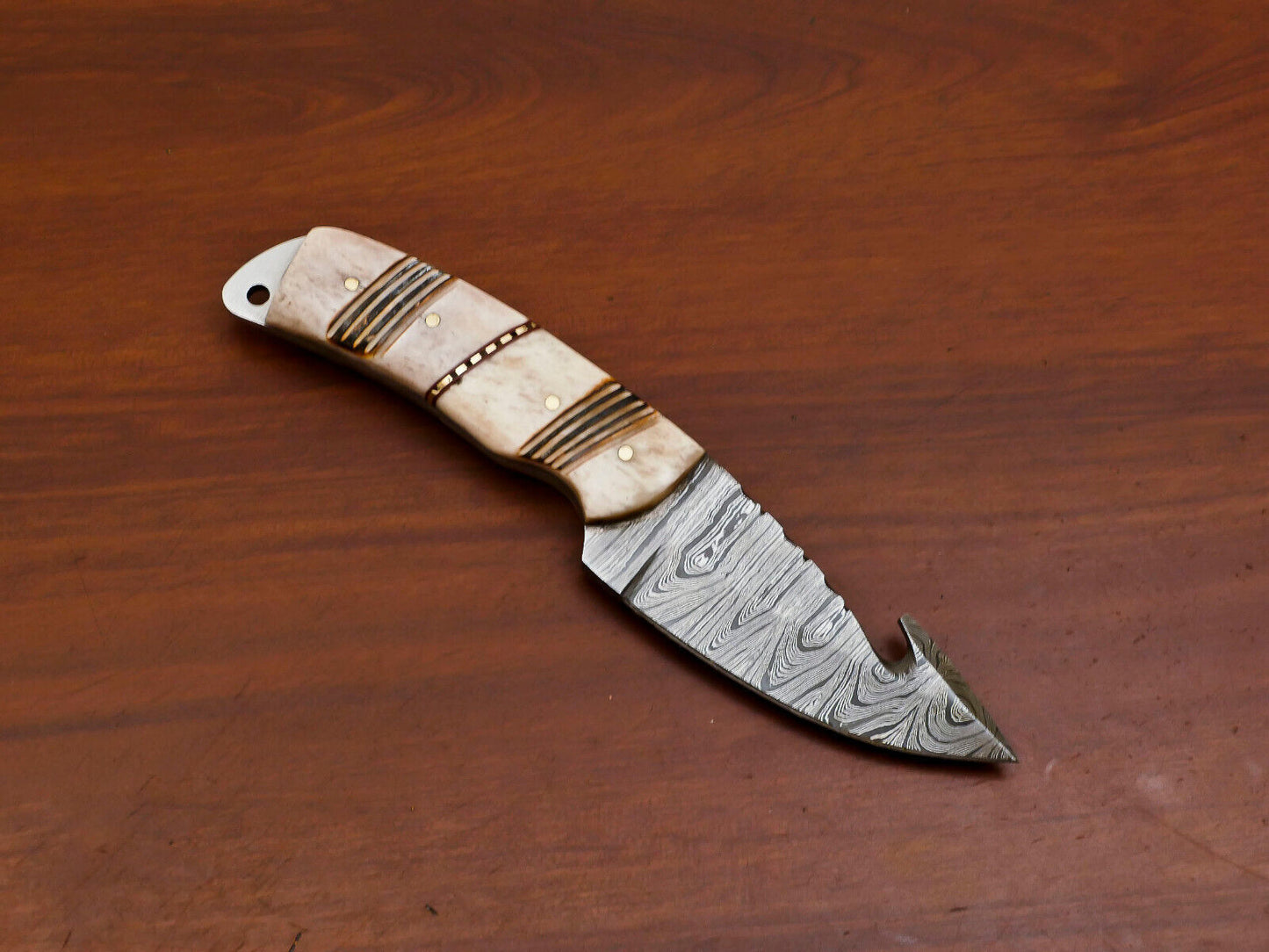 7" Damascus Gut Hook Bowie Knife – Burn Camel Bone Handle