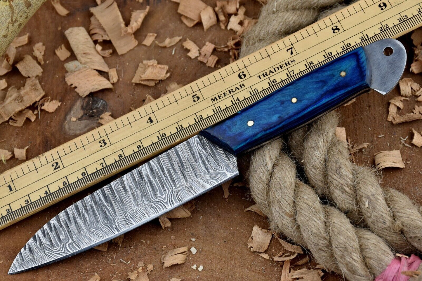 "9'' Custom Handmade Forged Damascus Steel Chef Knife with Blue Dollar Sheet Handle & Leather Sheath"