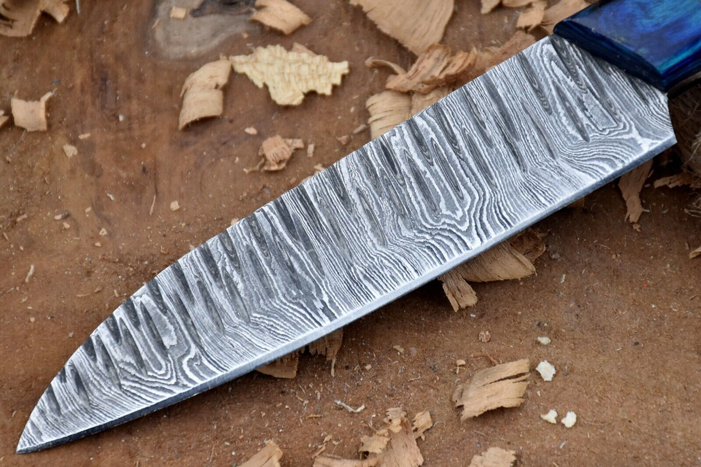 "9'' Custom Handmade Forged Damascus Steel Chef Knife with Blue Dollar Sheet Handle & Leather Sheath"