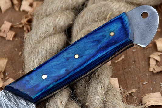 "9'' Custom Handmade Forged Damascus Steel Chef Knife with Blue Dollar Sheet Handle & Leather Sheath"