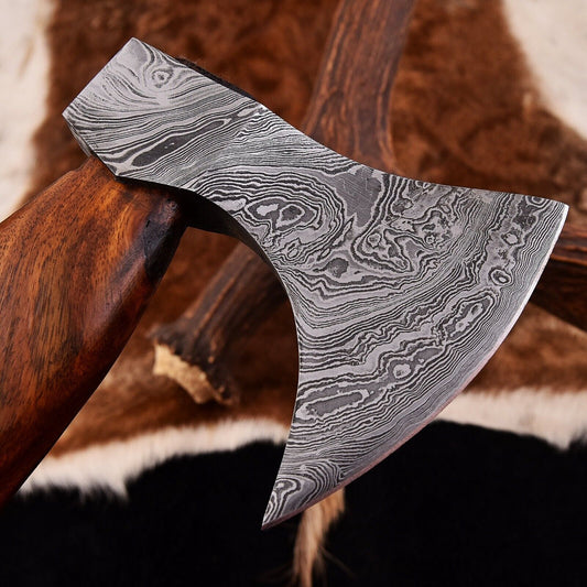 Custom Hand Forged Damascus Steel Viking Bearded Camping Hatchet Tomahawk Axe with Natural Wood Handle and Leather Sheath