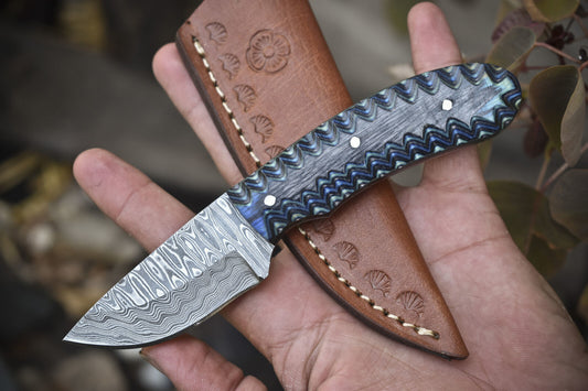 6.5" Ladder Damascus Skinner Knife with Hardwood Handle – Handmade Hunting Collectible