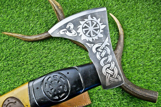 Handmade Viking Axe Premium Carbon Steel Tomahawk with Wooden Handle and Leather Sheath