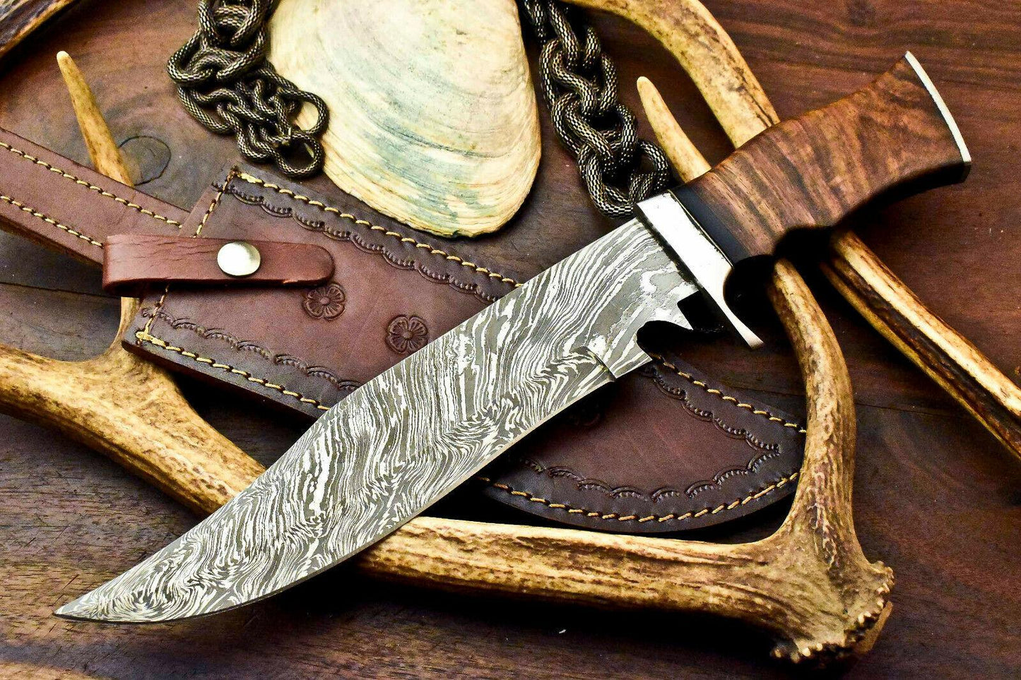 14" Custom Handmade Damascus Steel Bowie Hunting Knife | Walnut Wood Handle & Leather Sheath