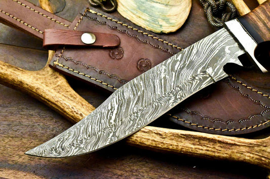 14" Custom Handmade Damascus Steel Bowie Hunting Knife | Walnut Wood Handle & Leather Sheath