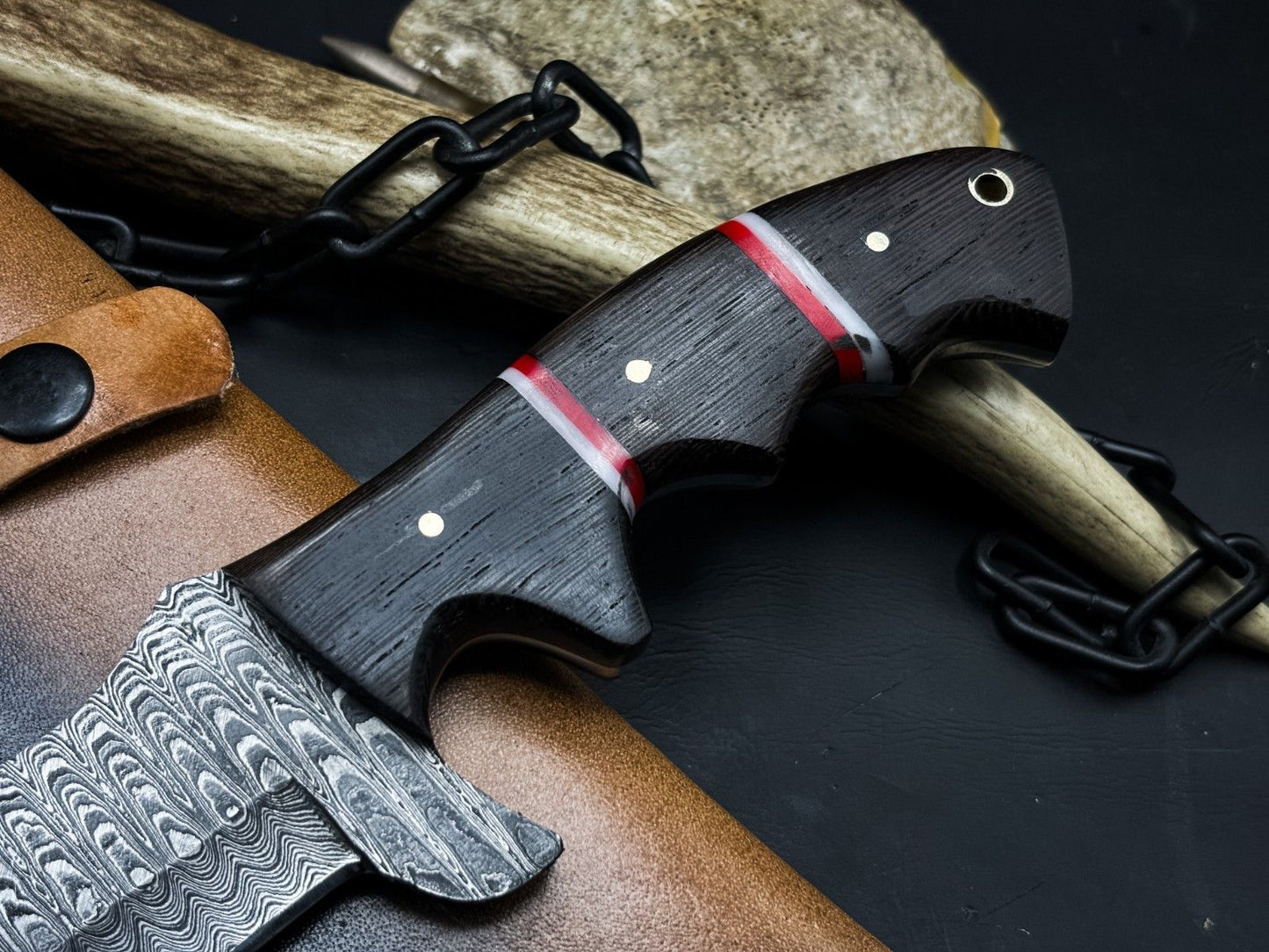 Handmade Damascus Steel Hunting Tracker EDC Knife with Wood Handle and Leather Sheath