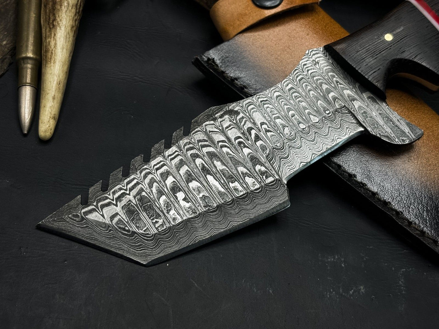 Handmade Damascus Steel Hunting Tracker EDC Knife with Wood Handle and Leather Sheath