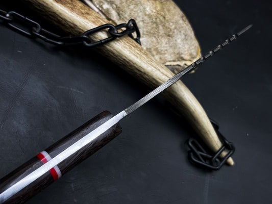 Handmade Damascus Steel Hunting Tracker EDC Knife with Wood Handle and Leather Sheath