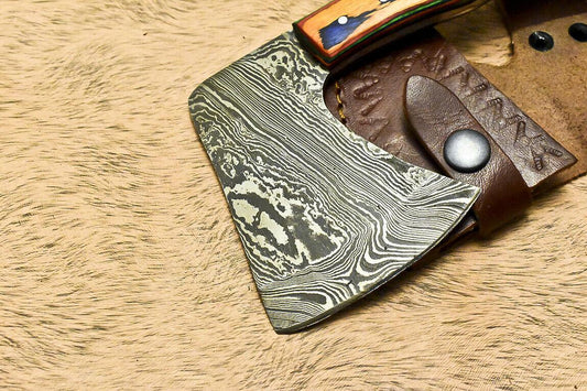 Hand Made Damascus Steel Olivewood Hunting Clever Chopper Axe Knife with Leather Sheath