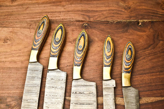 Premium 5-Piece Handmade Damascus Steel Chef Knife Set – Hammered Blade Finish