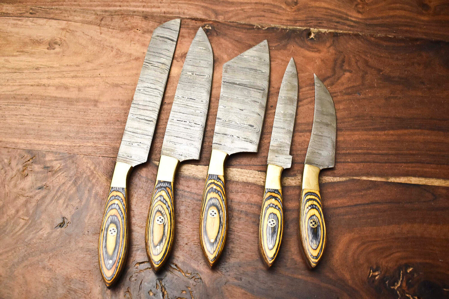Premium 5-Piece Handmade Damascus Steel Chef Knife Set – Hammered Blade Finish