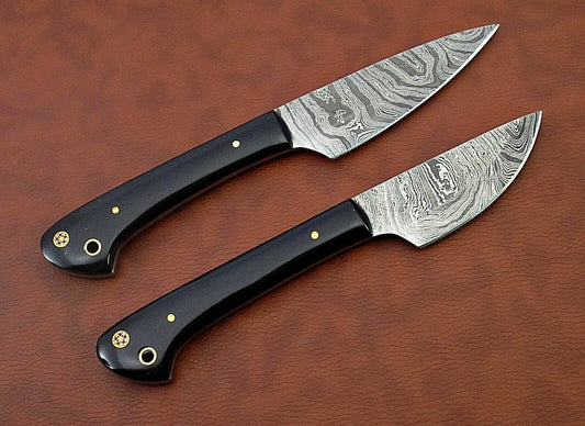 Handmade Damascus Chef Knife Set of 2 – Black Horn Handle, Mosaic Pins
