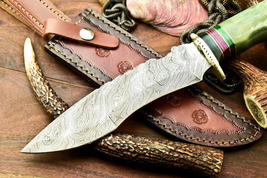 Iron Fang 13 Inch Damascus Bowie Knife | Camel Bone Handle with Leather Sheath