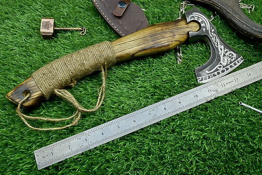 Handcrafted Viking Tomahawk Axe – Carbon Steel Blade with Ash Wood Handle and Leather Sheath, 14 Inch