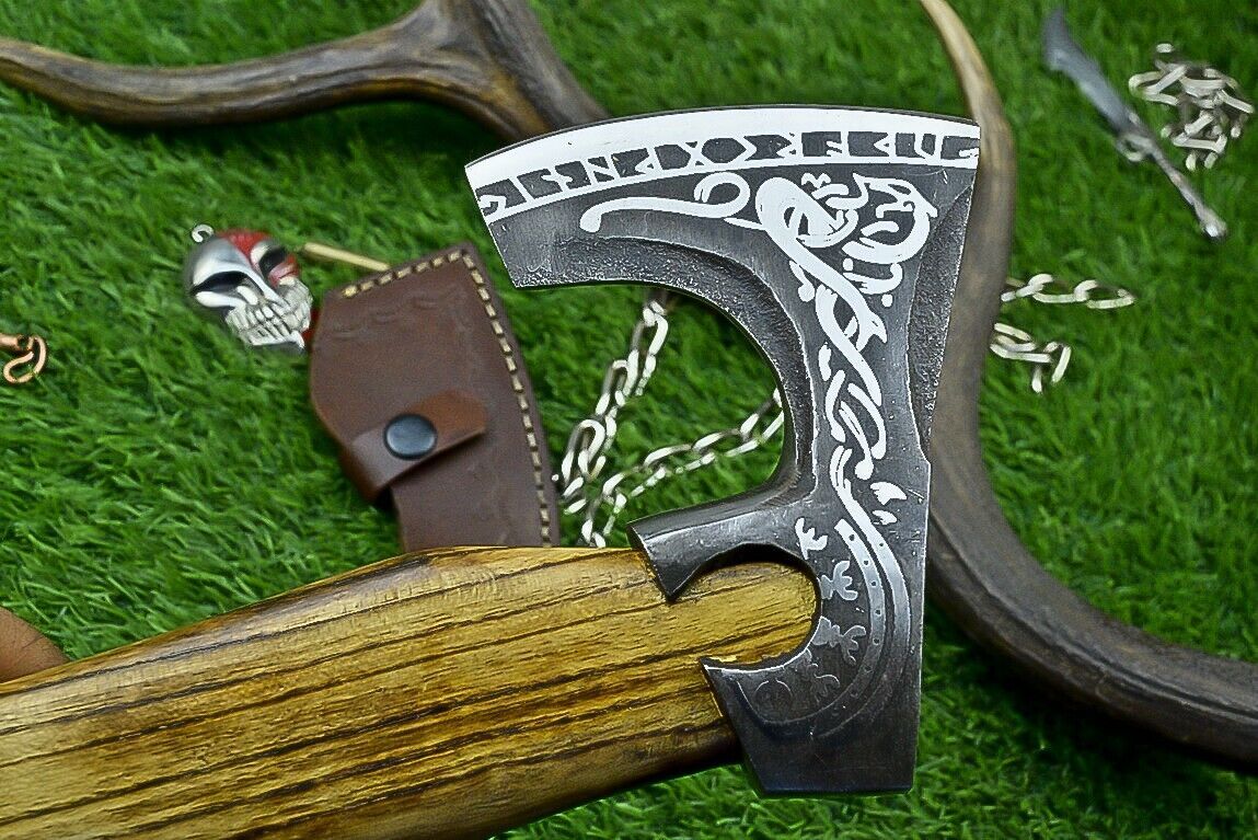 Handcrafted Viking Tomahawk Axe – Carbon Steel Blade with Ash Wood Handle and Leather Sheath, 14 Inch