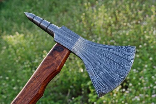 Handmade Damascus Steel Viking Bearded Camping Hatchet Tomahawk Axe | Spike Head with Natural Wood Handle & Leather Sheath