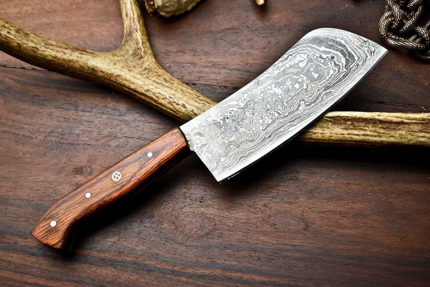 Custom Hand Made Damascus Blade Chef Hunting Knife | HARD WOOD