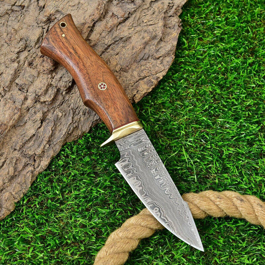 10" Handmade Damascus Steel Bowie Knife – Exotic Wood Handle with Leather Sheath