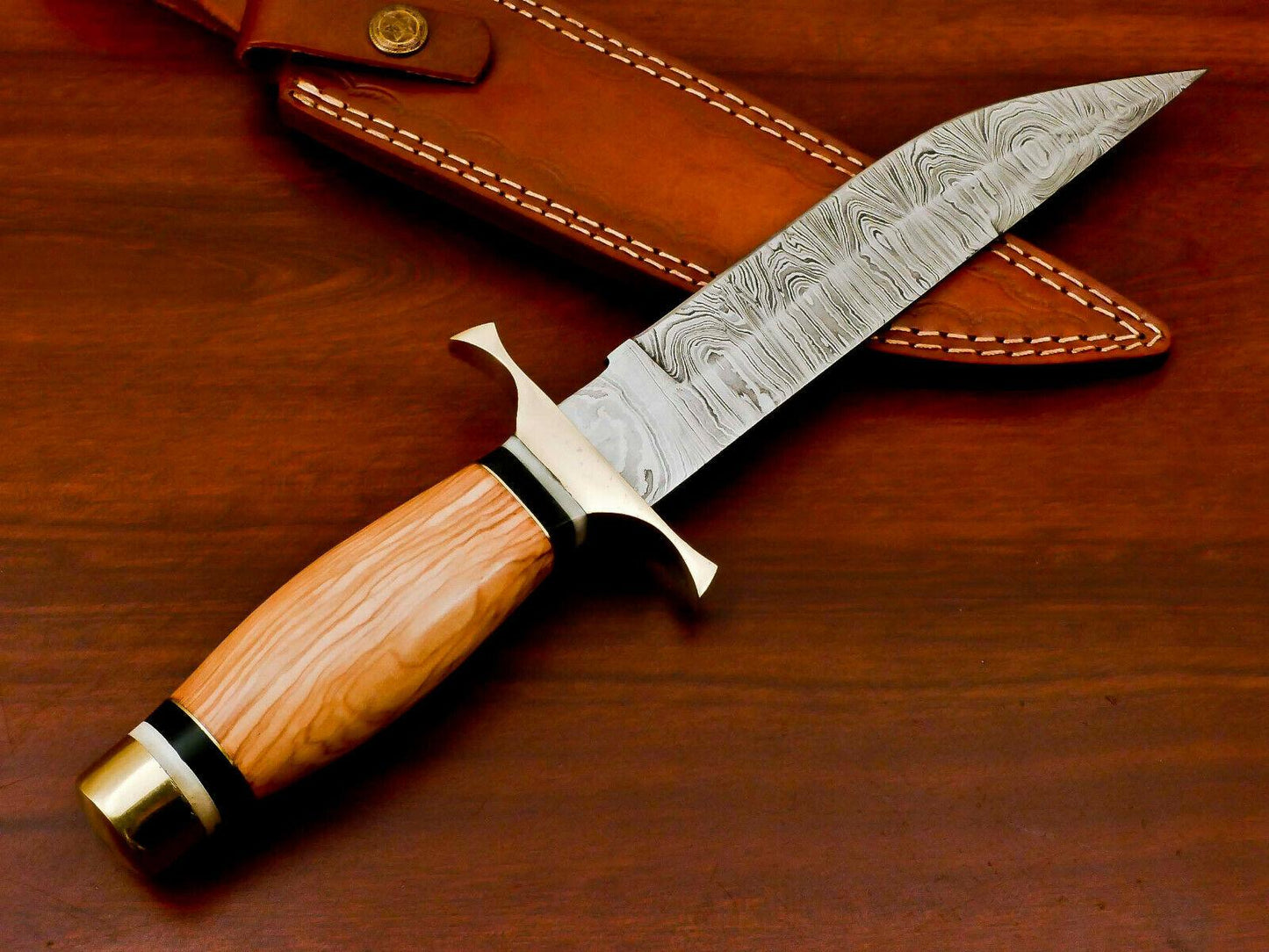 13" Handmade Damascus Steel Bowie Knife – Olive Wood Handle & Brass Guard