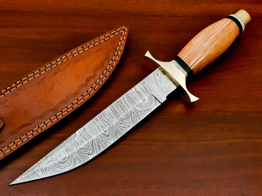13" Handmade Damascus Steel Bowie Knife – Olive Wood Handle & Brass Guard