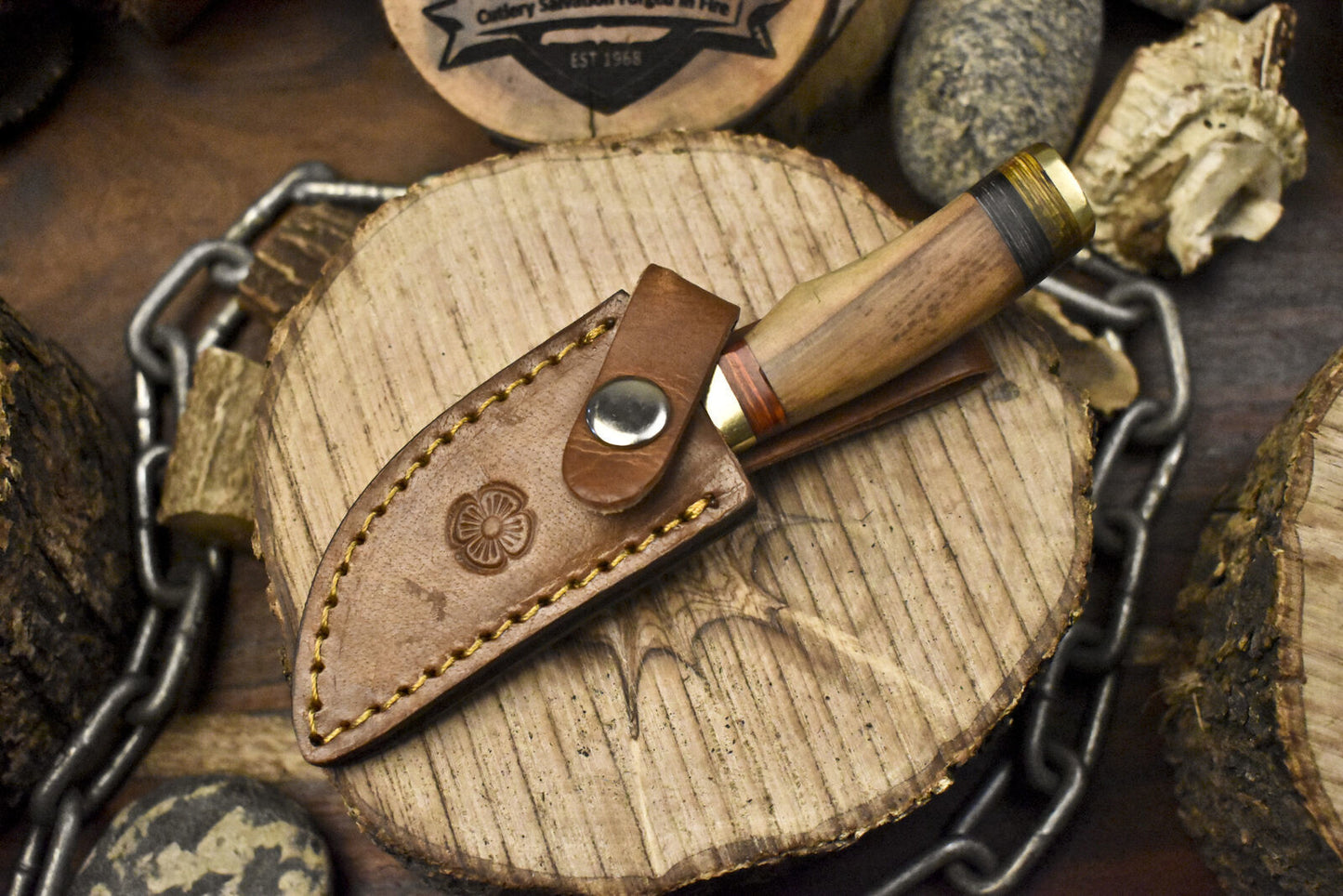 Twist Damascus Skinner Knife with Hardwood Handle and Brass Guard – 6 Inch Camping and Hunting Blade with Leather Sheath
