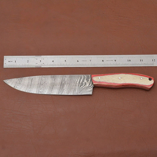 Custom Handmade Damascus Steel Chef Fillet Knife with Pakka Wood Handle & Leather Sheath