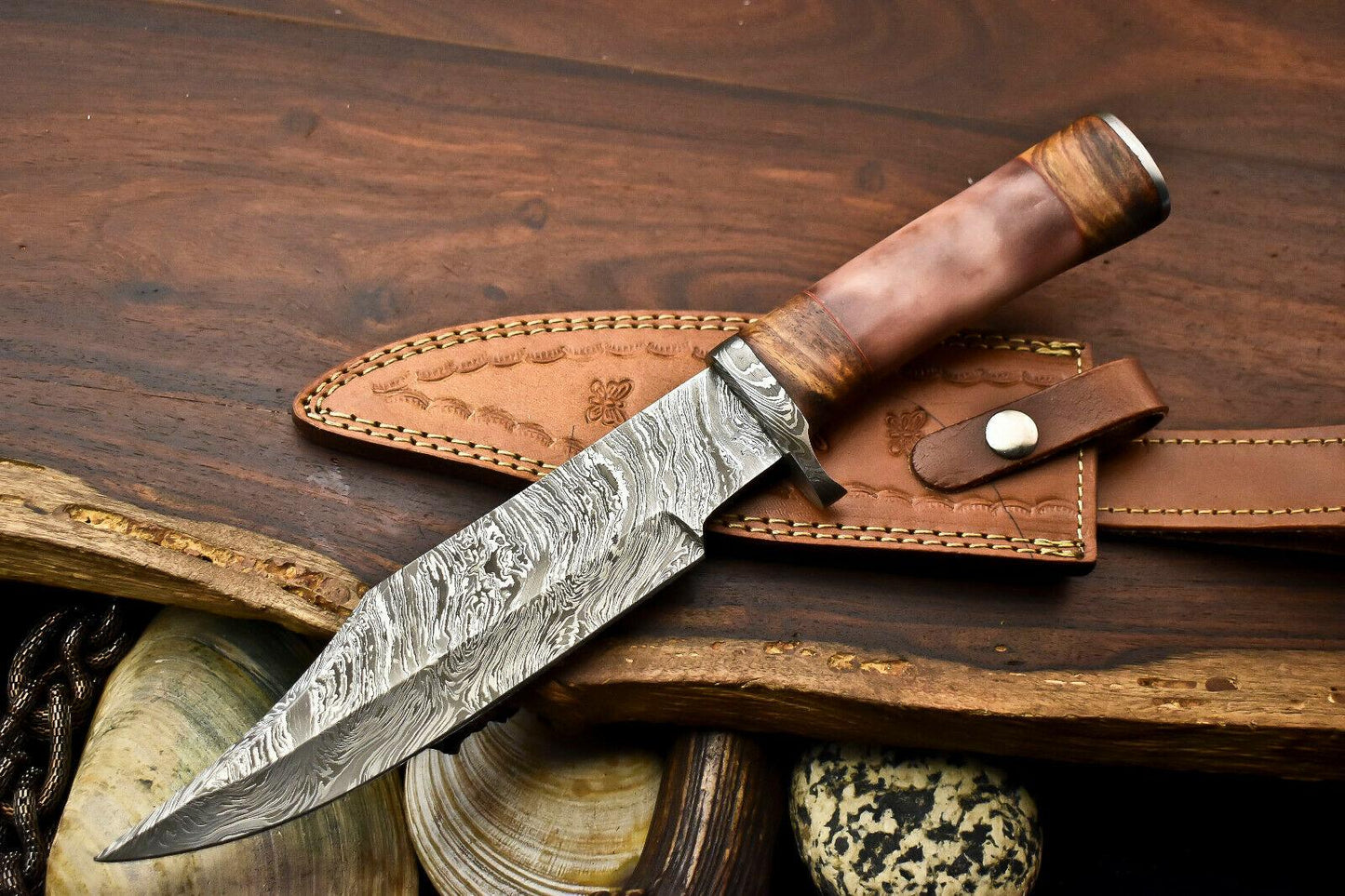 13.5" Handmade Damascus Steel Bowie Hunting Knife – Camel Bone Handle