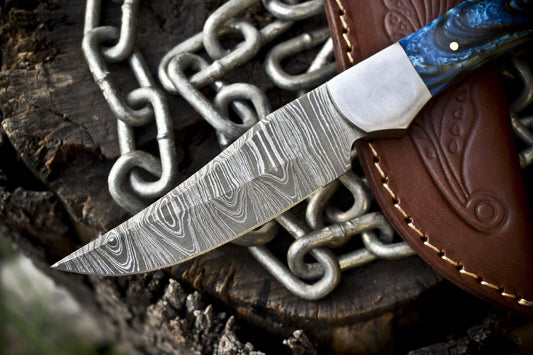 Twist Damascus Skinner Knife with Micarta Handle and Steel Bolster – 9.5" Custom Hunting Blade