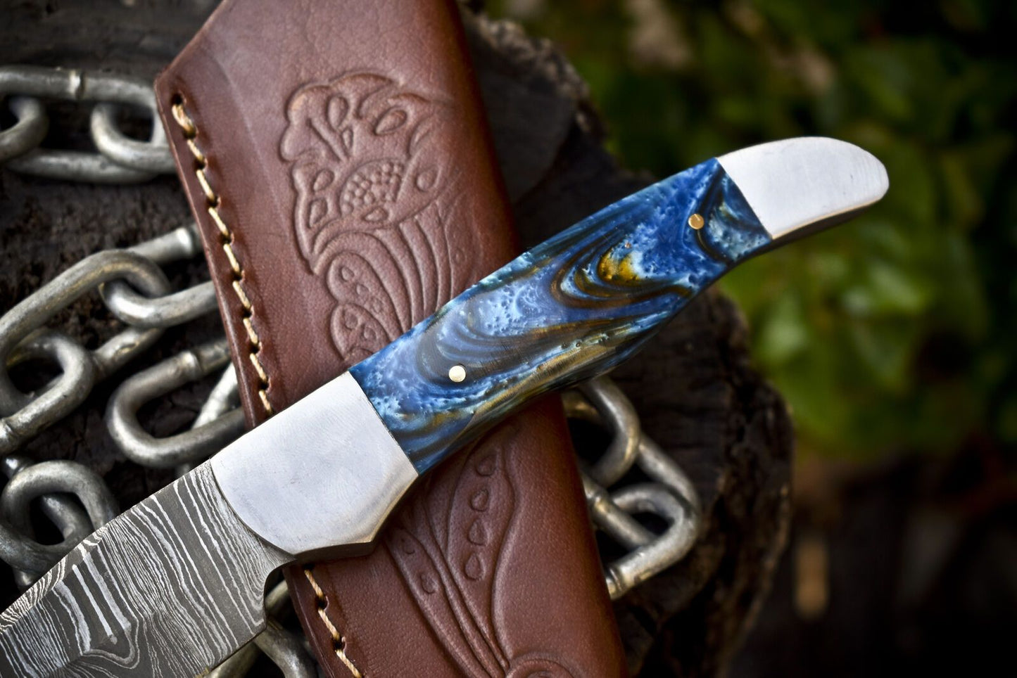 Twist Damascus Skinner Knife with Micarta Handle and Steel Bolster – 9.5" Custom Hunting Blade