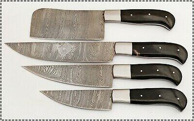 4-Piece Handmade Damascus Chef Knife Set – Japanese Style Kitchen Knives with Horn Handle & Steel Bolster