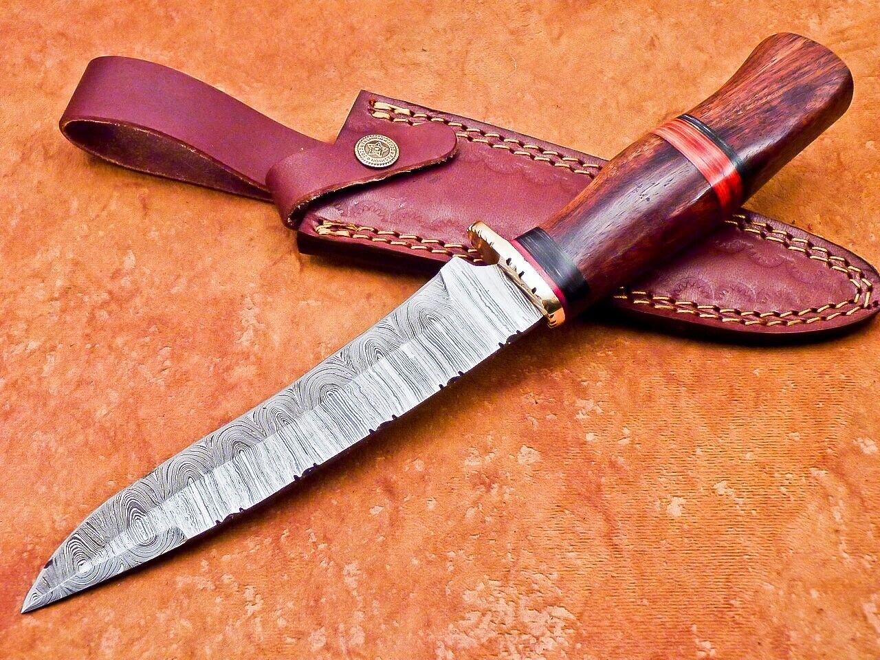 12" Damascus Steel Bowie Knife – Natural Wood Handle