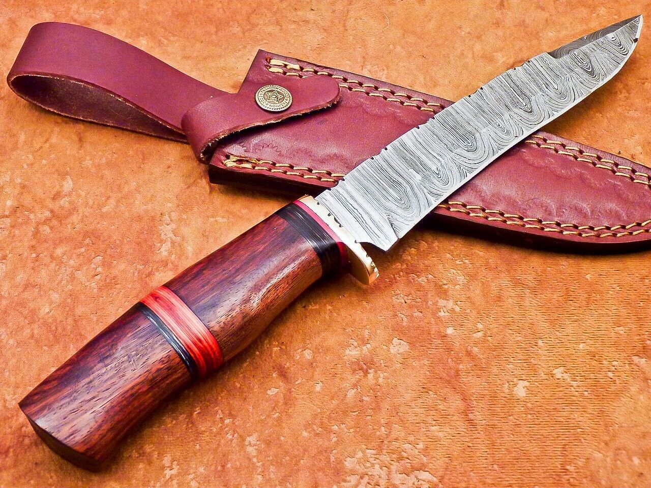 12" Damascus Steel Bowie Knife – Natural Wood Handle