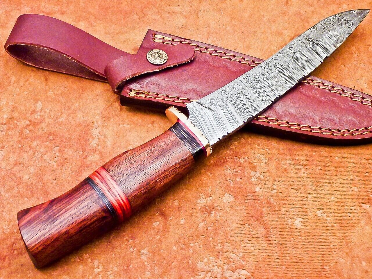 12" Damascus Steel Bowie Knife – Natural Wood Handle