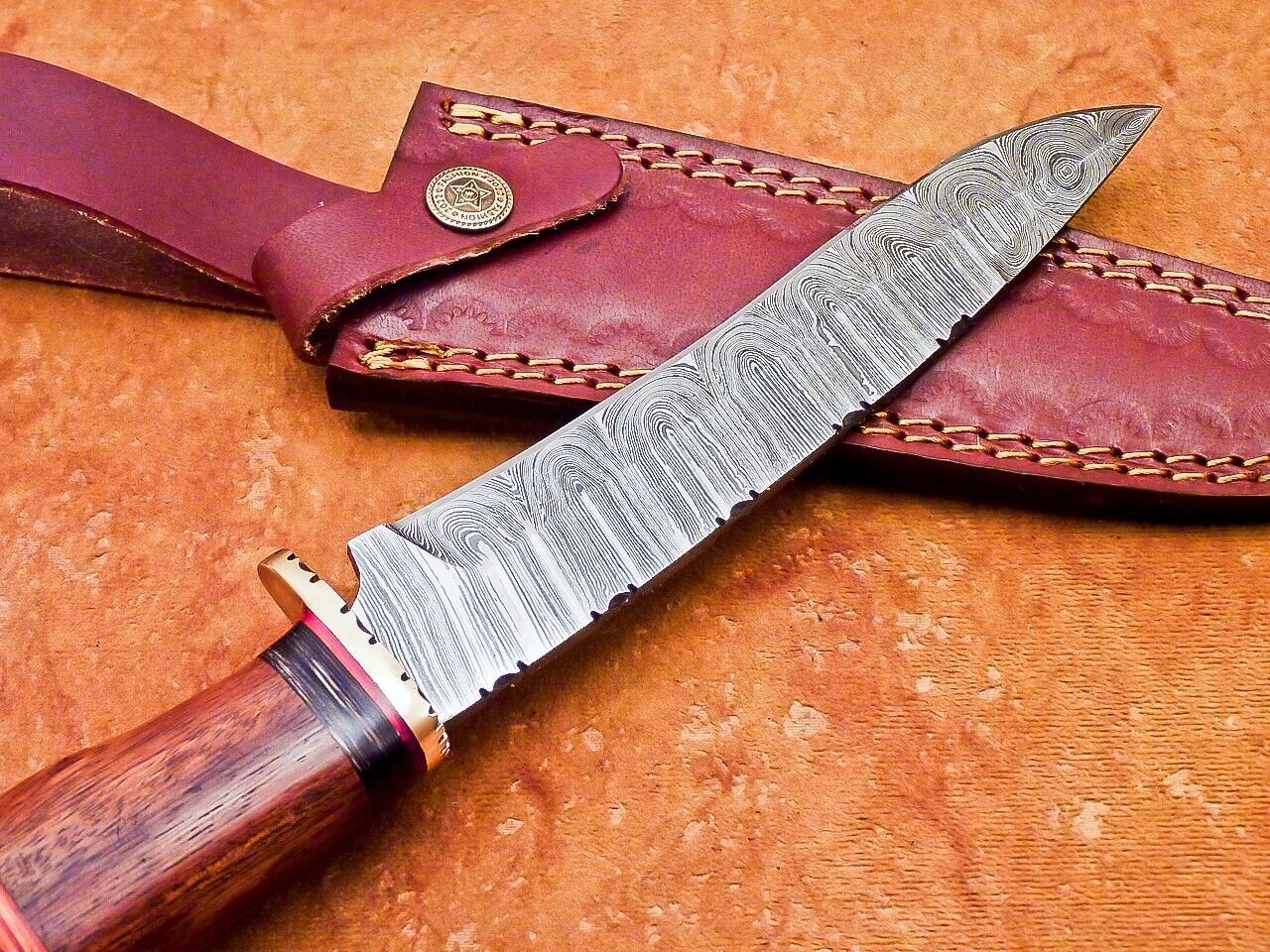 12" Damascus Steel Bowie Knife – Natural Wood Handle