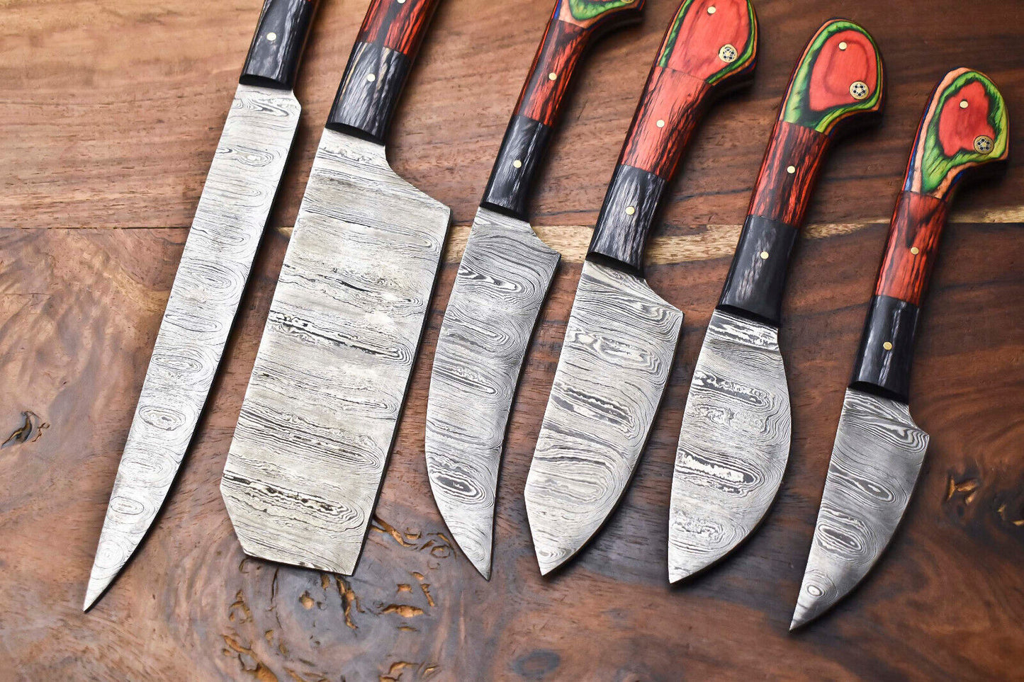 Custom Lot of 6 Handmade Hammered Damascus Steel Chef Knives – Full Tang, Handcrafted
