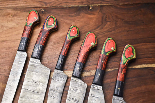 Custom Lot of 6 Handmade Hammered Damascus Steel Chef Knives – Full Tang, Handcrafted