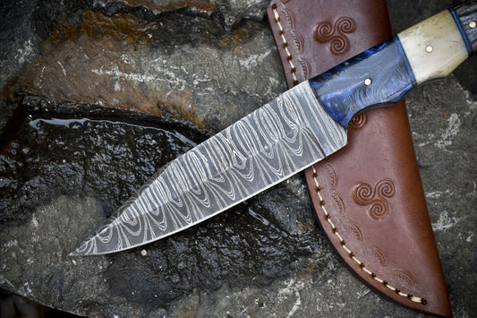Custom Hand Forged Hunting Skinner Knife Twist Damascus Bone and Wood Gift