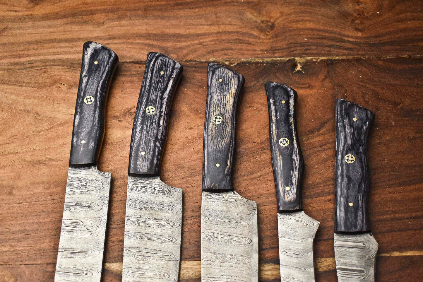 Custom Lot of 5 Handmade Hammered Damascus Steel Blade Chef Set