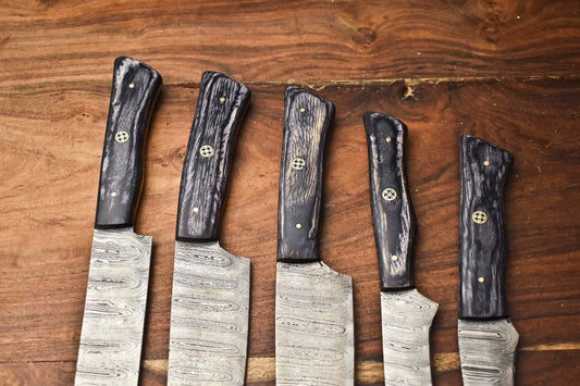 Custom Lot of 5 Handmade Hammered Damascus Steel Blade Chef Set