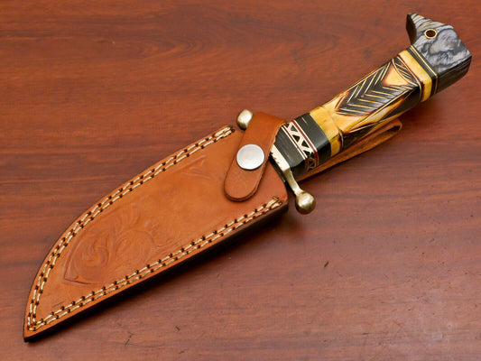 Damascus Steel Knife with Camel Bone and Pakka Wood Handle Full Tang Blade