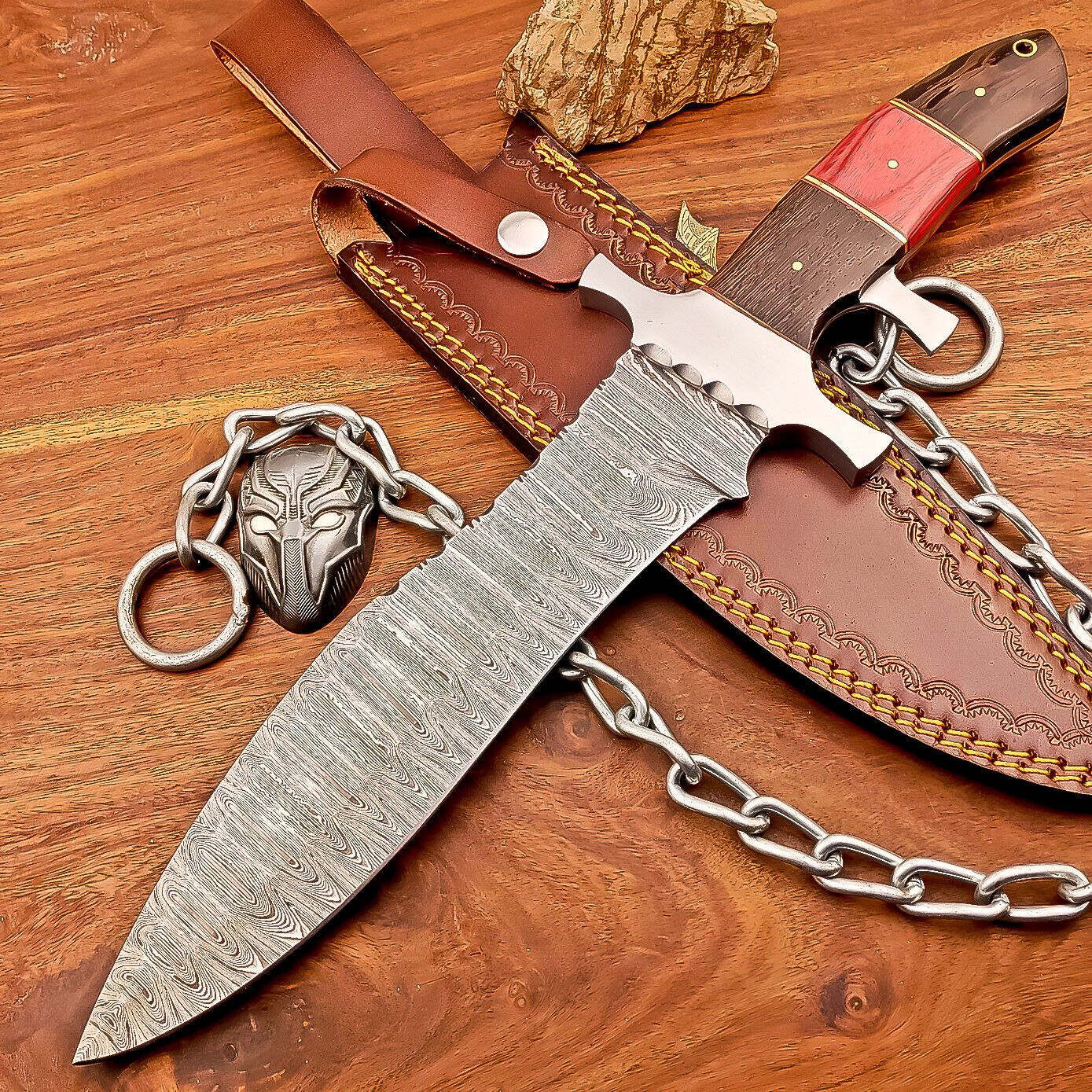 15 Inch Damascus Steel Bowie Knife with Wood and Resin Handle and Leather Sheath