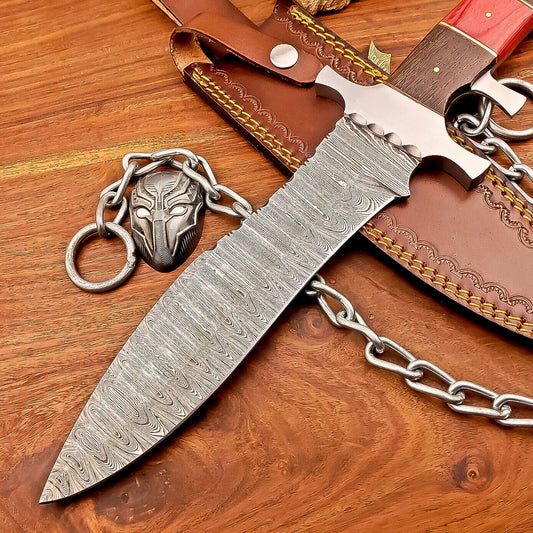 15 Inch Damascus Steel Bowie Knife with Wood and Resin Handle and Leather Sheath