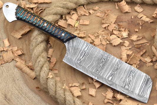 Custom Handmade Forged Damascus Steel Kitchen Chef Knife with Blue & Brown Dollar Handle and Leather Sheath