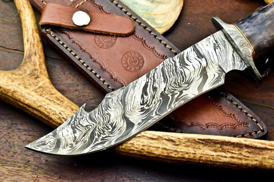 12" Damascus Steel Bowie Knife – Stained Camel Bone Handle
