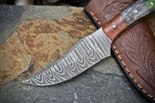 Twist Damascus Skinner Knife with Hardwood Handle – Handmade 8" Fixed Blade Hunting Gift Knife