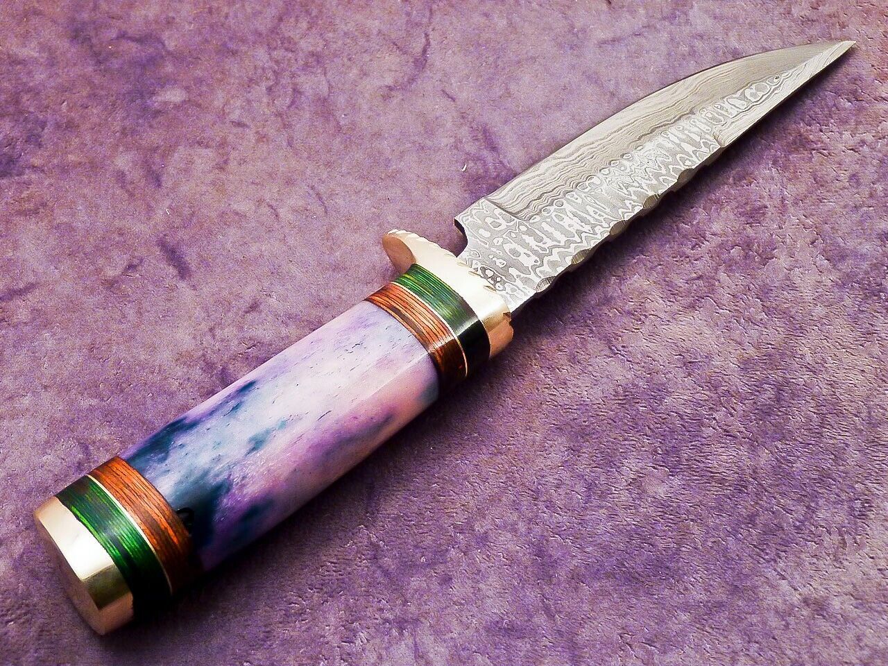 Heritage Forge 10 Inch Damascus Steel Camping Hunting Knife with Camel Bone and Hardwood Handle