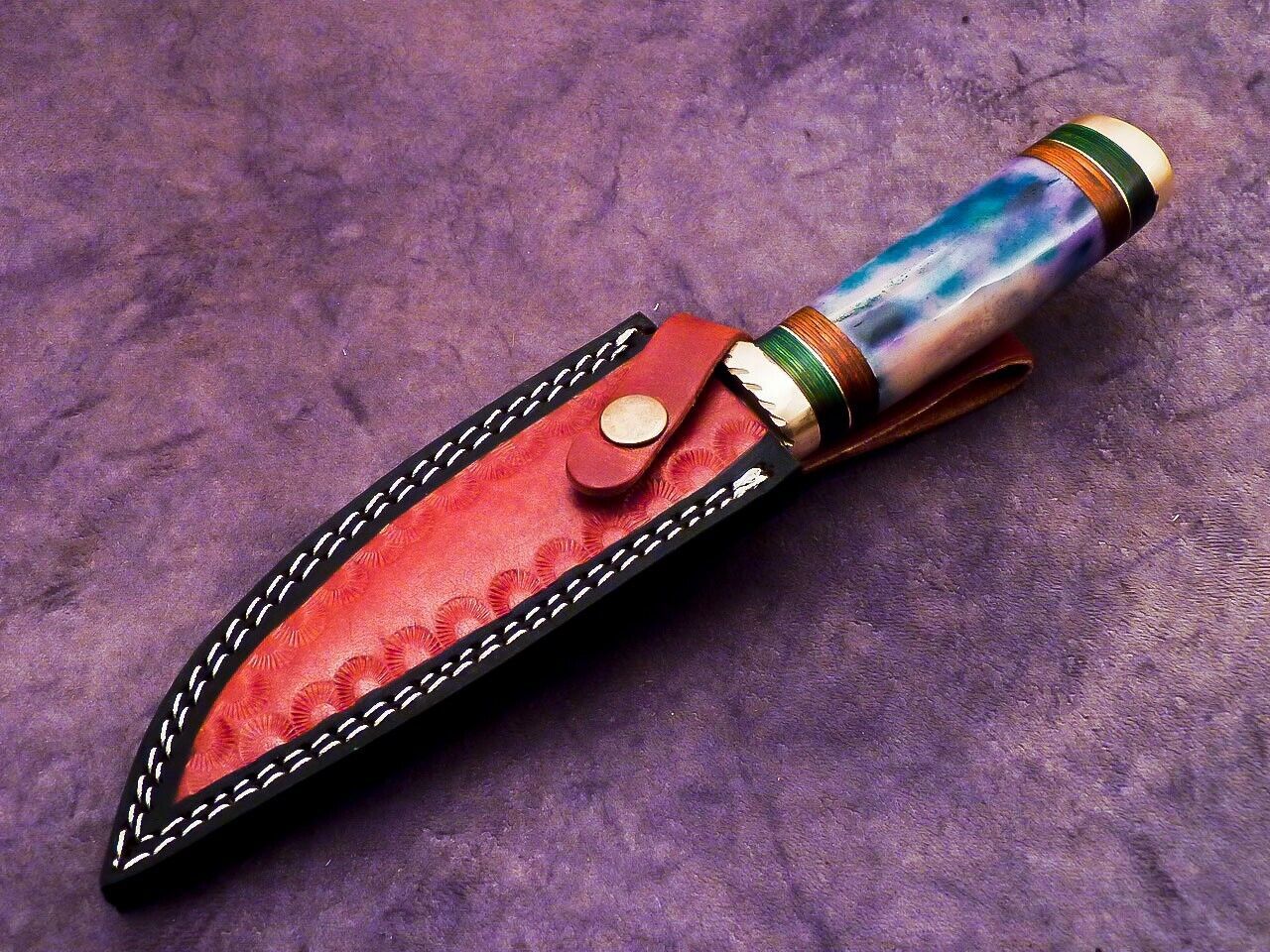 Heritage Forge 10 Inch Damascus Steel Camping Hunting Knife with Camel Bone and Hardwood Handle