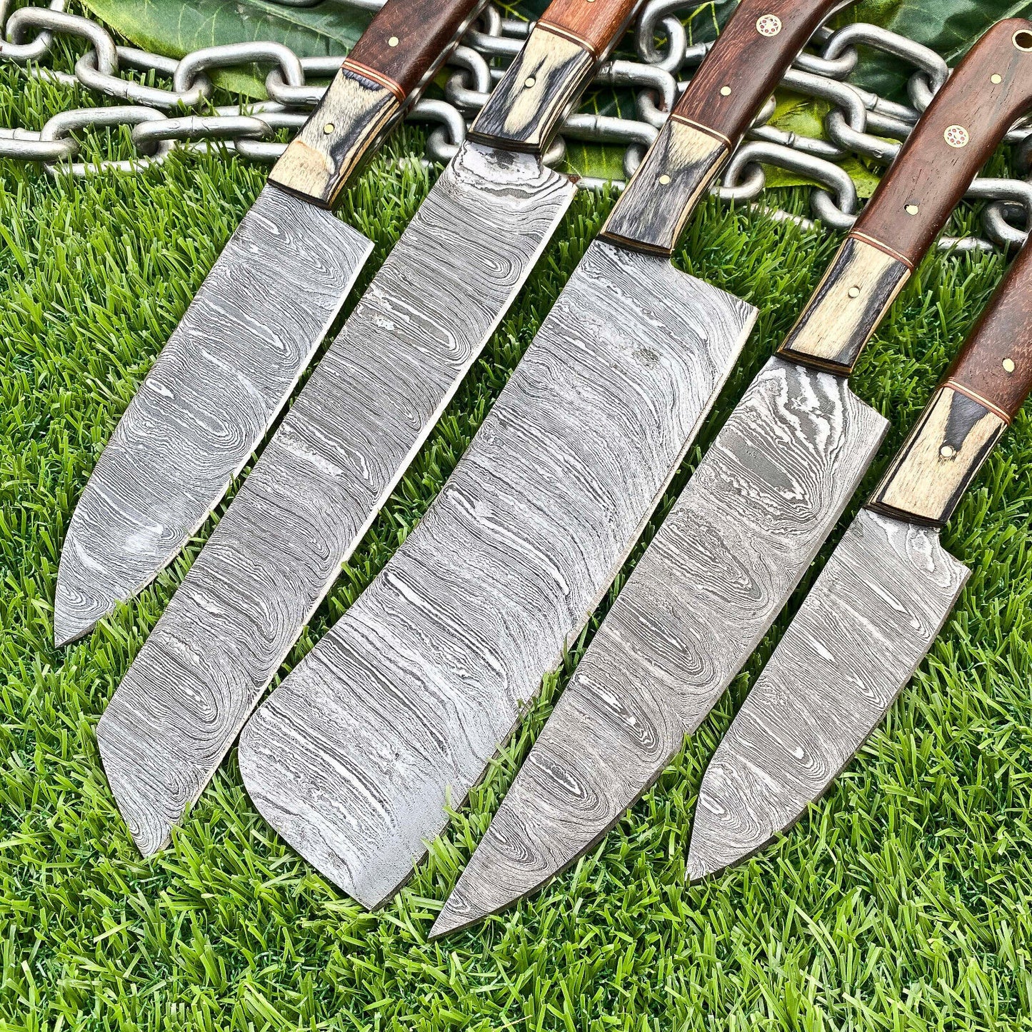 Lot of 5 Handmade Damascus Steel Full Tang Kitchen Chef Knife Set