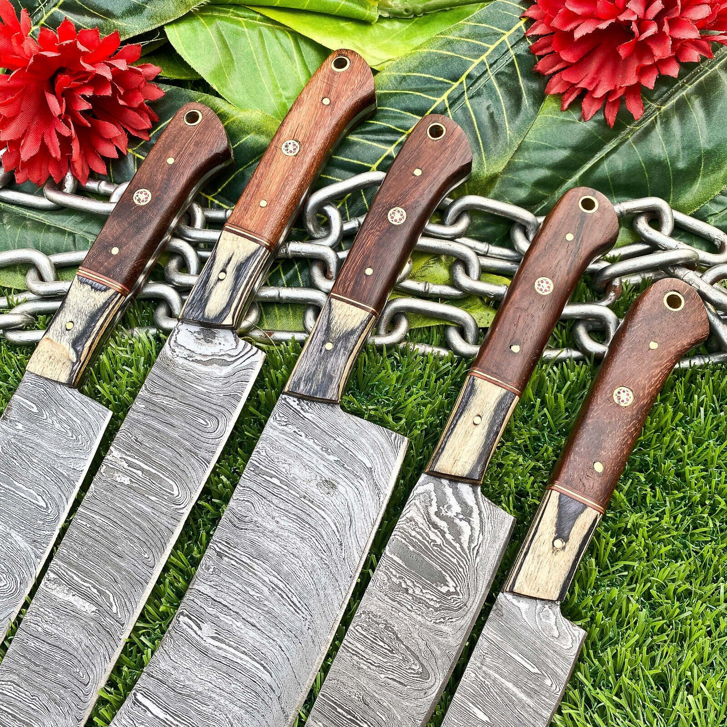 Lot of 5 Handmade Damascus Steel Full Tang Kitchen Chef Knife Set